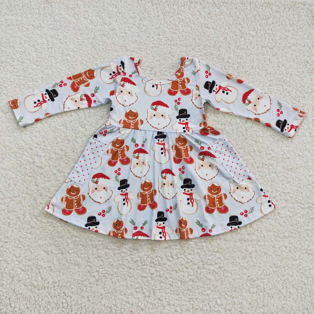 GLD0367 Santa Snowman Gingerbread Print Pockets Girls Christmas Knee Length Dress