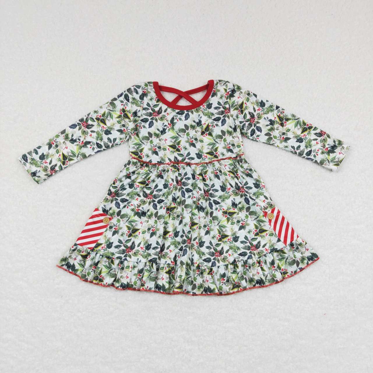 GLD0389 Holly Print Pockets Girls Christmas Knee Length Dress
