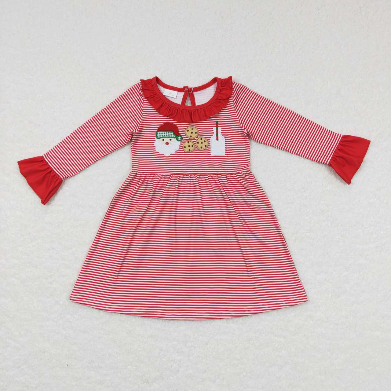 GLD0411 Santa Cookies Milk Embroidery Red Stripes Girls Christmas Knee Length Dress
