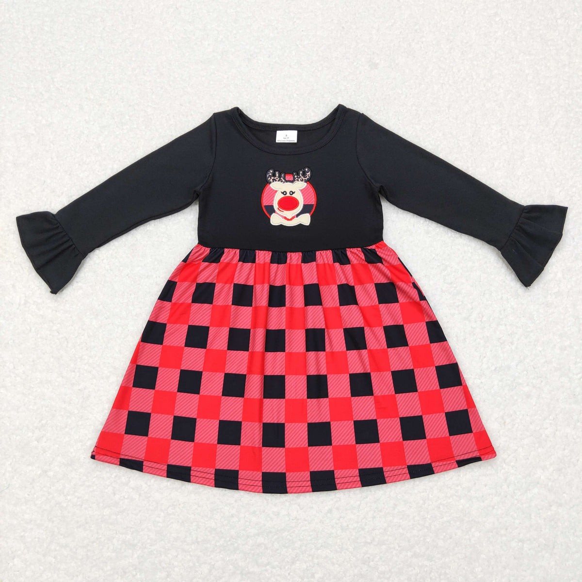 GLD0423 Deer Embroidery Red Checkered Girls Christmas Knee Length Dress