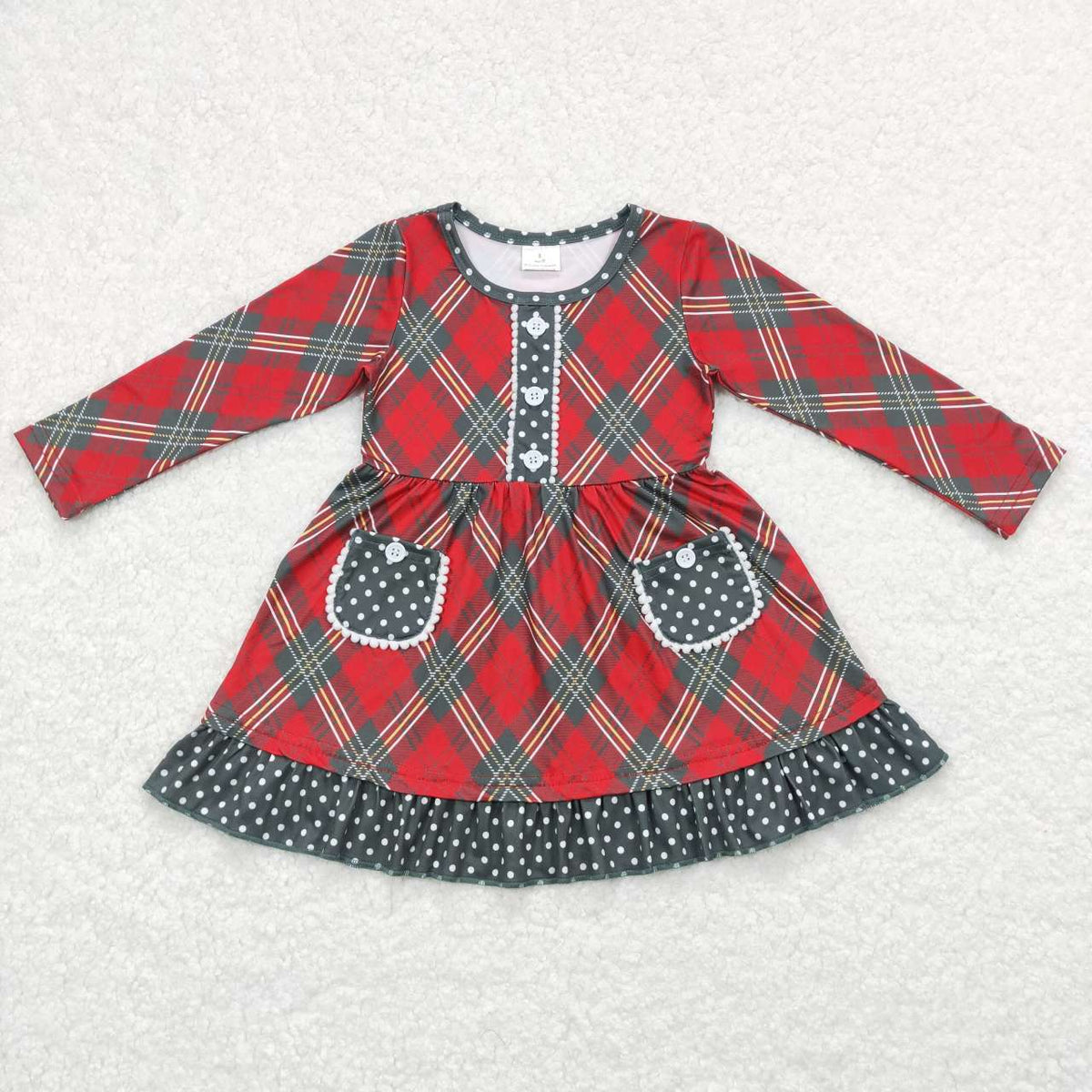 GLD0424 Checkered Dots Print Pockets Girls Christmas Knee Length Dress