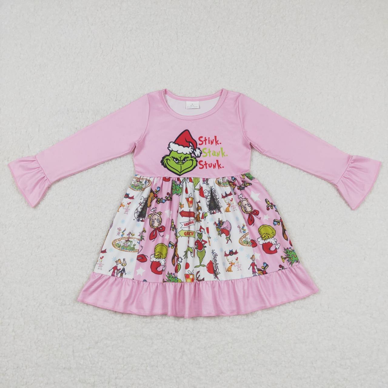 GLD0457 Green Frog Pink Print Ruffle Girls Christmas Knee Length Dress