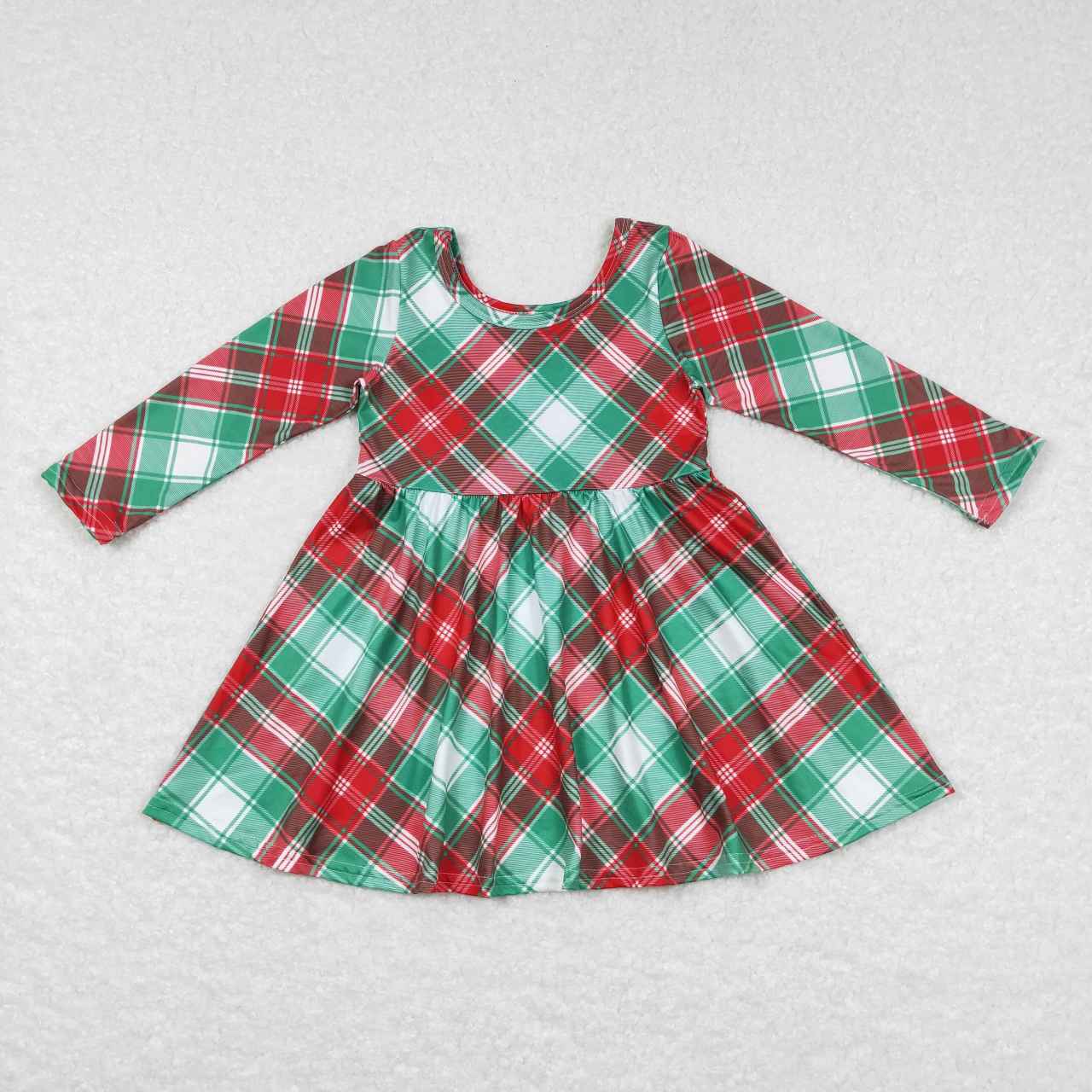 GLD0389 Red Green Checkered Print Girls Christmas Knee Length Dress
