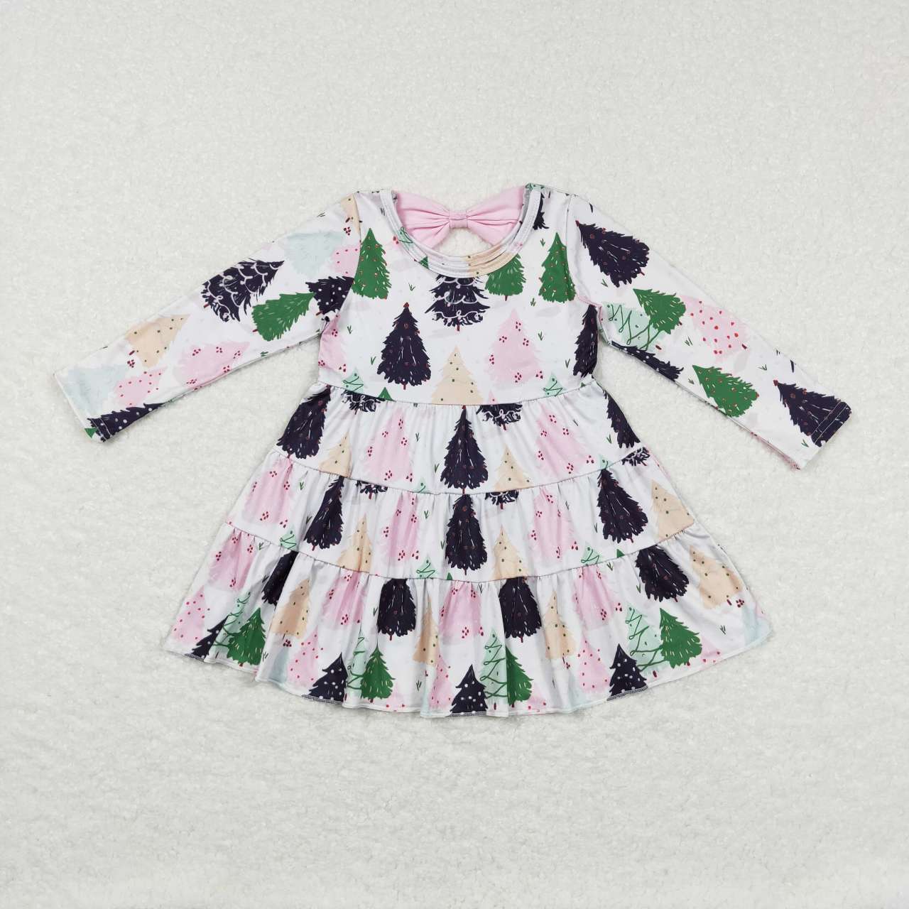 GLD0468 Tree Pink Print Girls Christmas Knee Length Dress