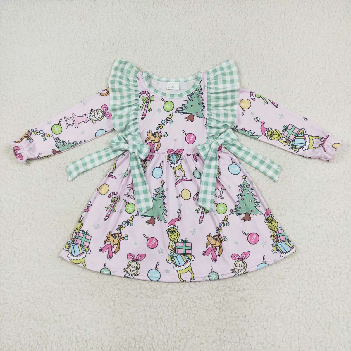GLD0519 Green Frog Candy Cane Tree Print Girls Christmas Knee Length Dress