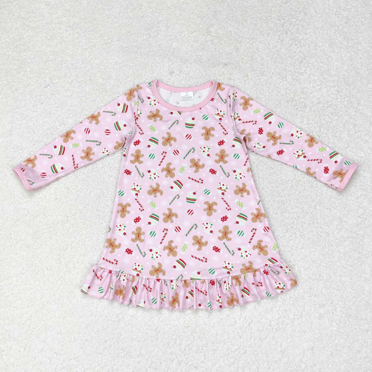 GLD0550 Gingerbread Candy Cane Cake Pink Print Girls Christmas Knee Length Dress