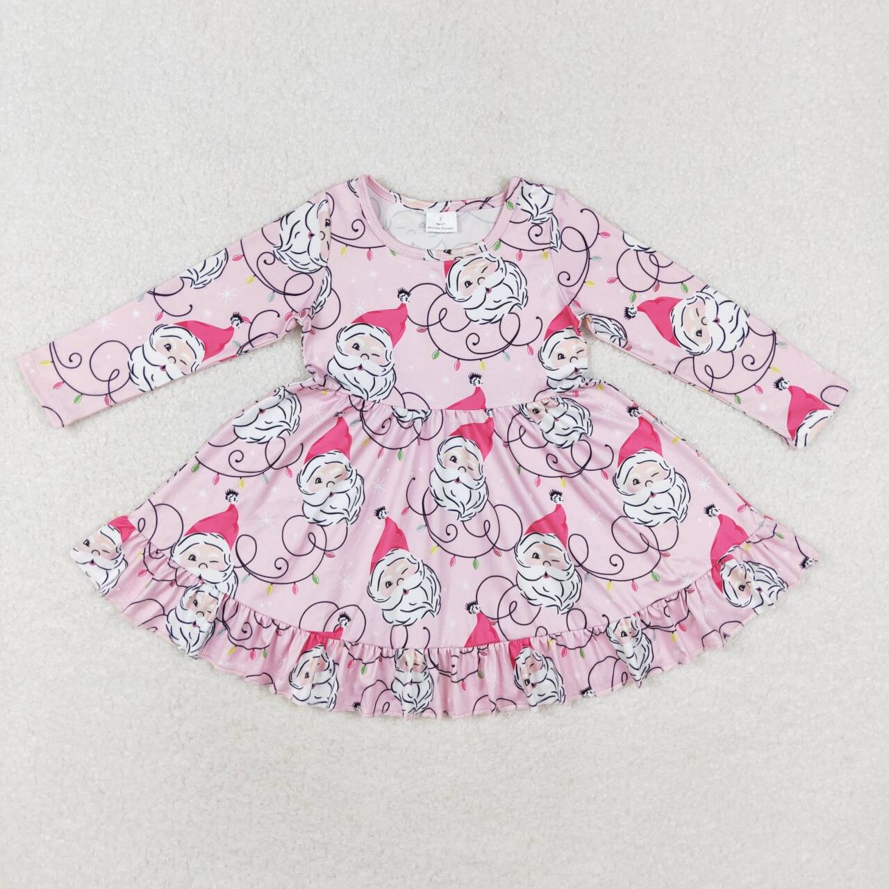 GLD0562 Santa Light Pink Print Girls Christmas Knee Length Ruffle Dress