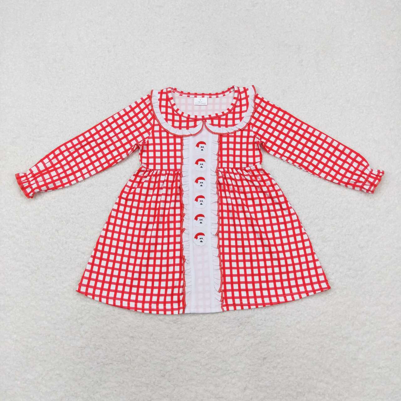 GLD0612 Santa Embroidery Checkered Print Girls Christmas Knee Length Ruffle Dress