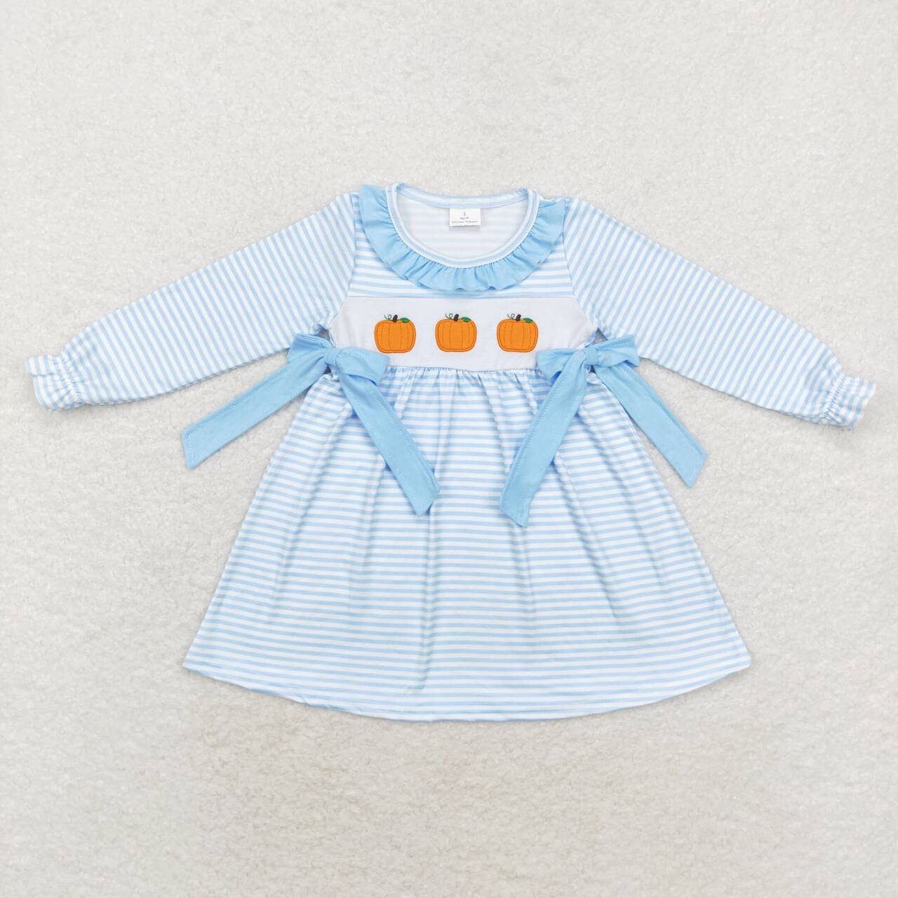 GLD0614 Pumpkin Embroidery Blue Stripes Girls Fall Knee Length Dress