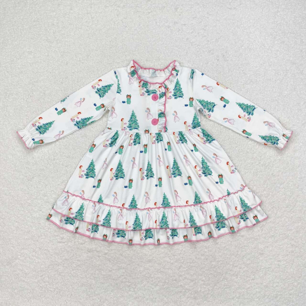 GLD0622 Tree Print Girls Christmas Knee Length Gown Ruffle Dress