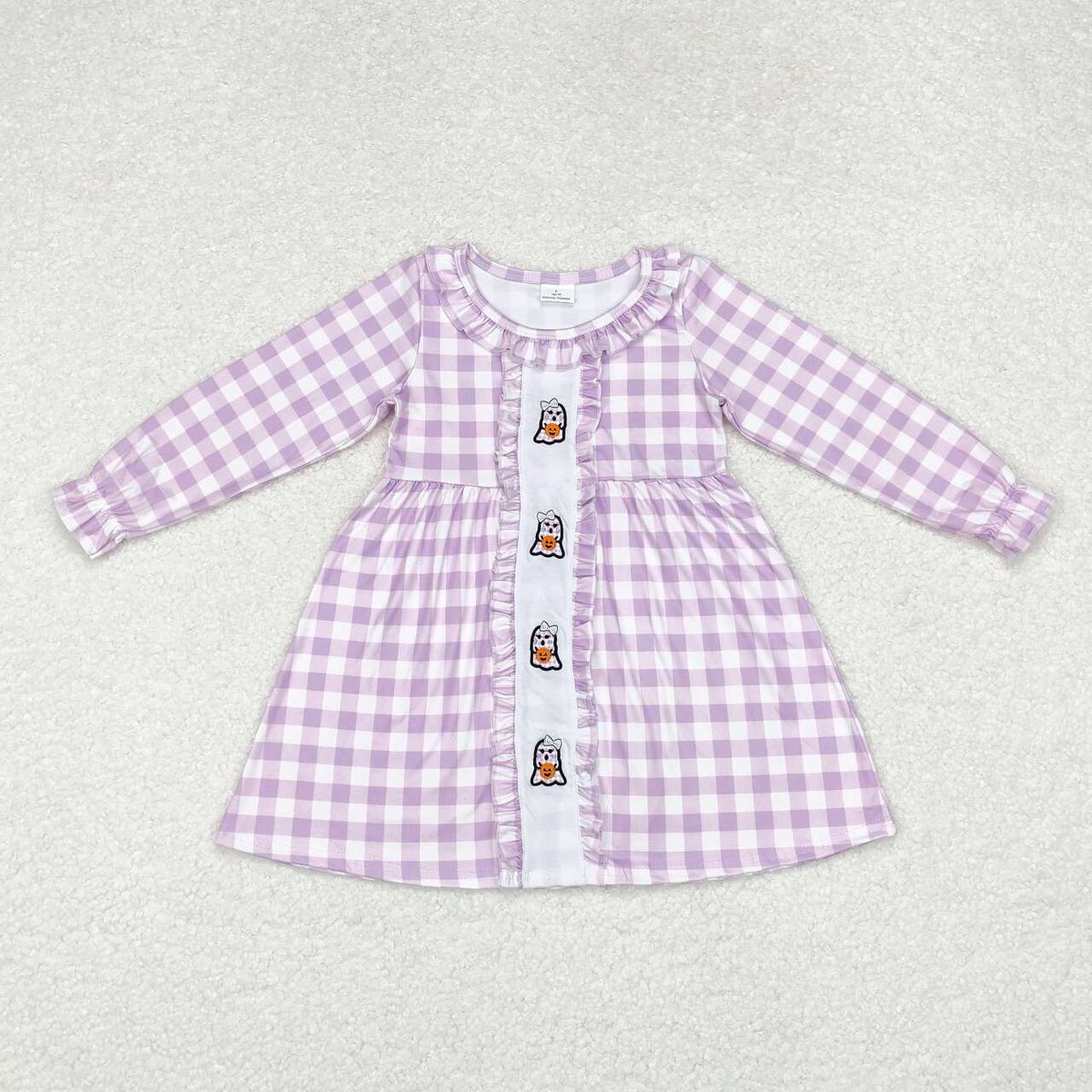 GLD0626 Ghost Pumpkin Embroidery Checkered Girls Halloween Knee Length Dress