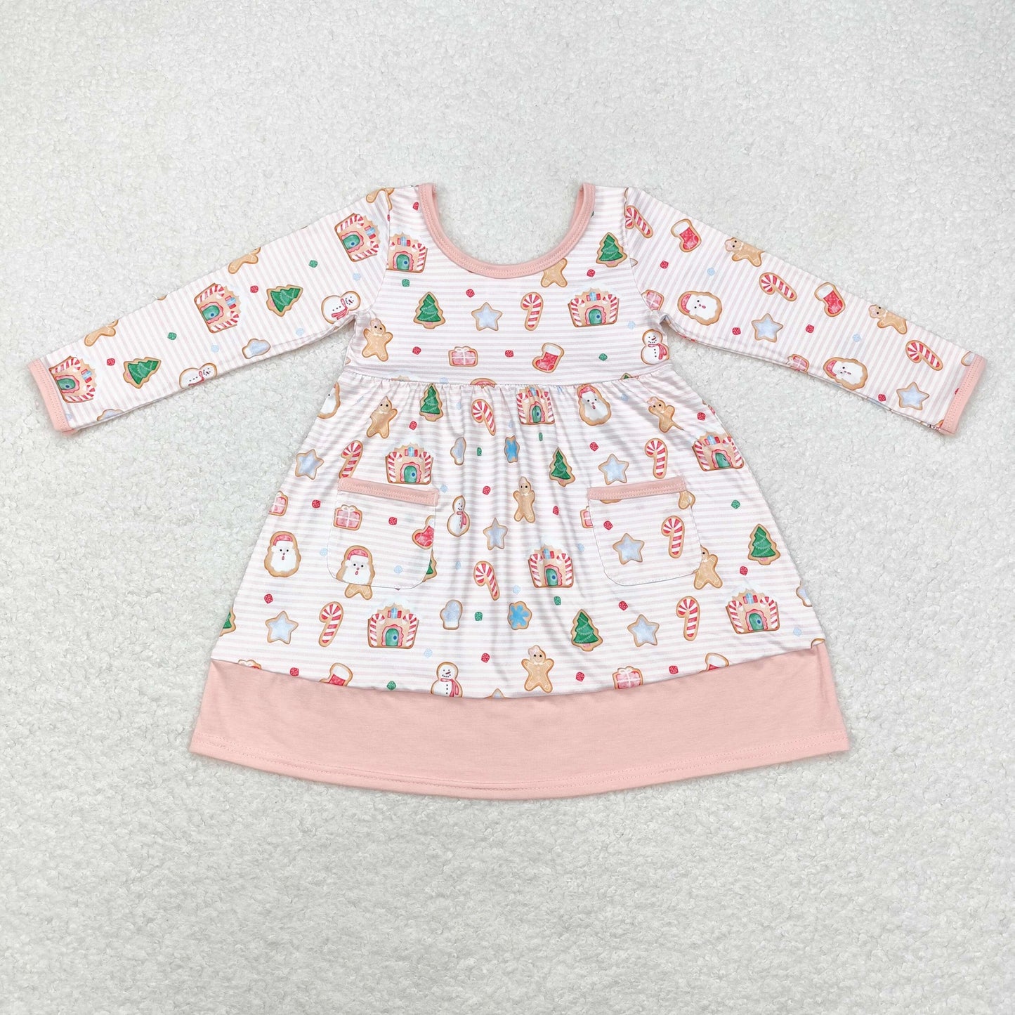 GLD0629 Gingerbread Stripes Print Pockets Girls Christmas Knee Length Dress