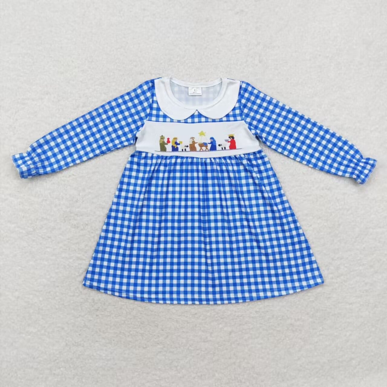 GLD0634 Nativity Blue Checkered Print Girls Christmas Knee Length Dress