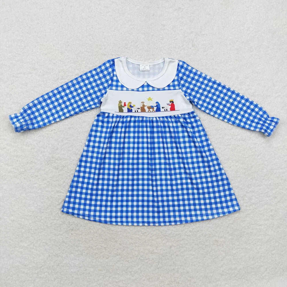 Sibling Baby Girls Blue Nativity Christmas Ruffle Knee Length Dresses