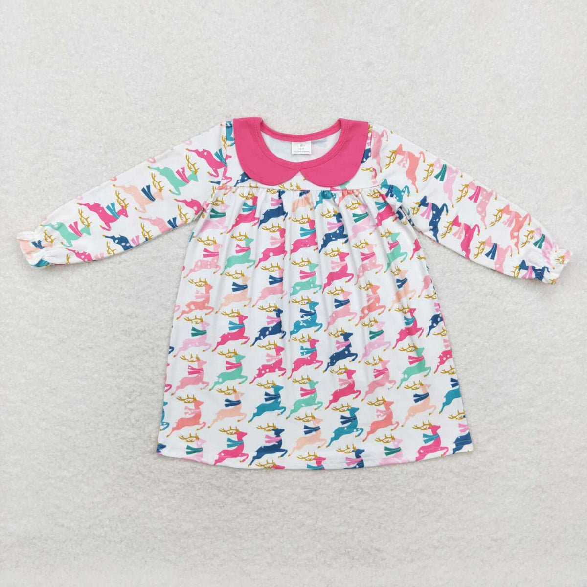 GLD0648 Colorful Deer Print Girls Christmas Knee Length Dress