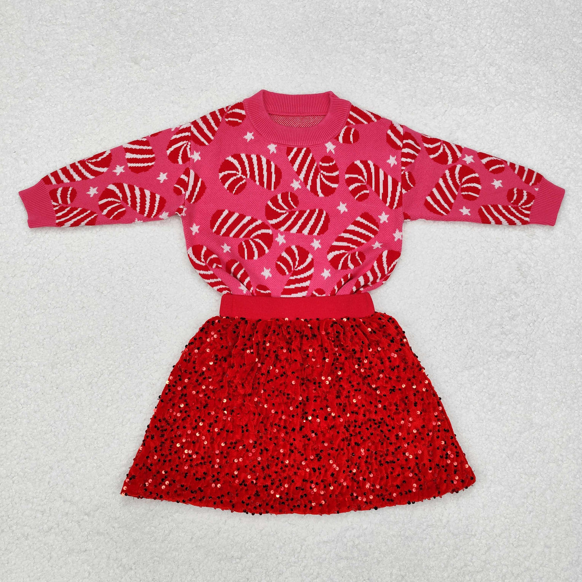 GLD0671 Candy Cane Sweater Top Red Sequins Skirts Girls Christmas Clothes Set