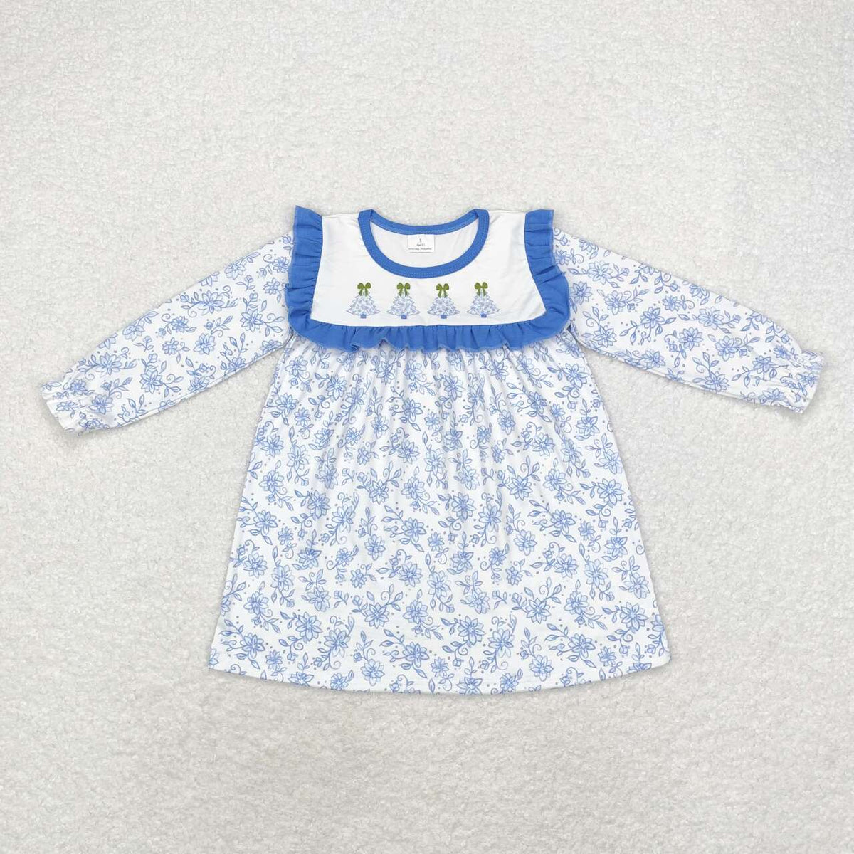 GLD0673 Tree Bows Blue Flowers Print Girls Christmas Knee Length Ruffle Dress