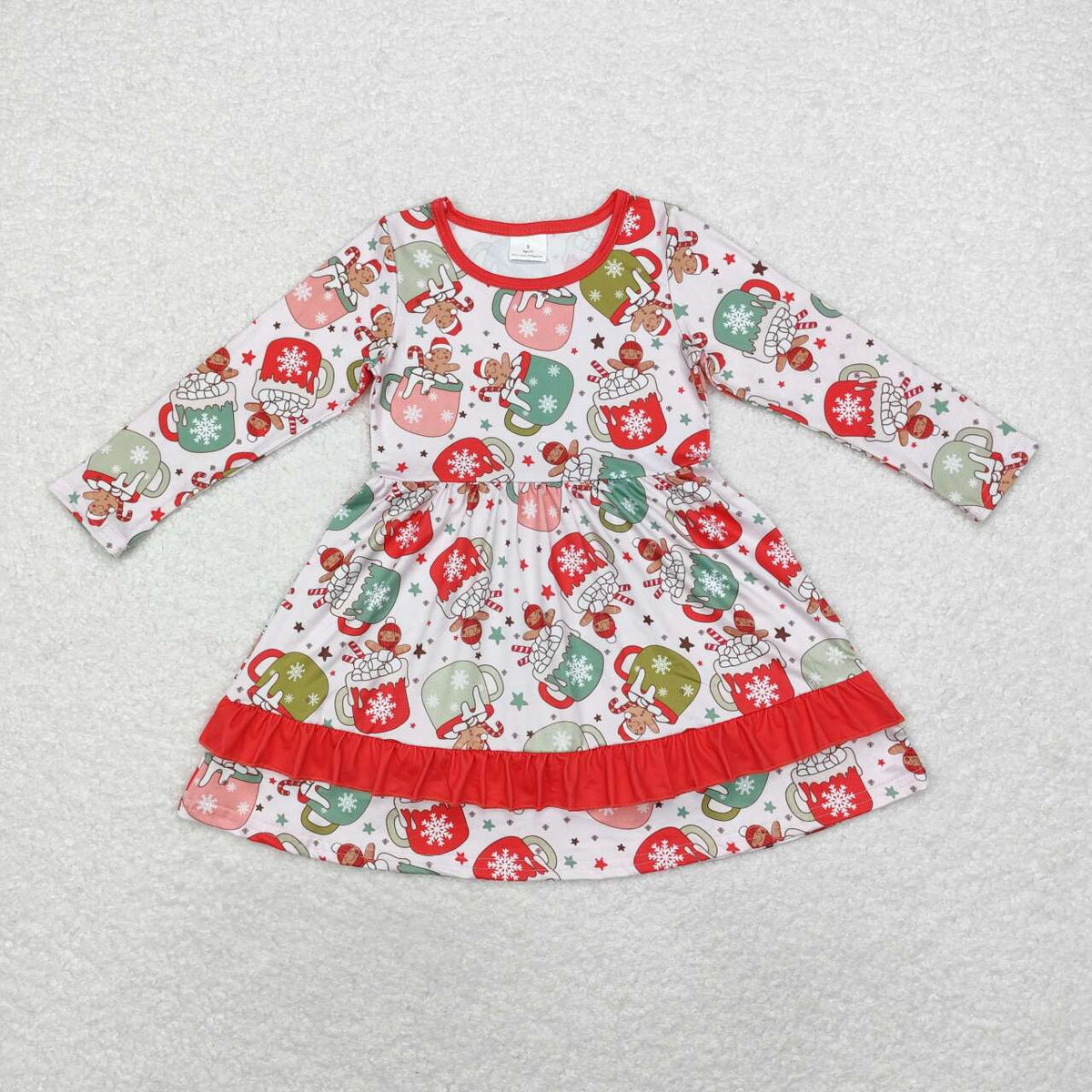 GLD0732 Gingerbread Cups Candy Cane Print Girls Christmas Knee Length Dress