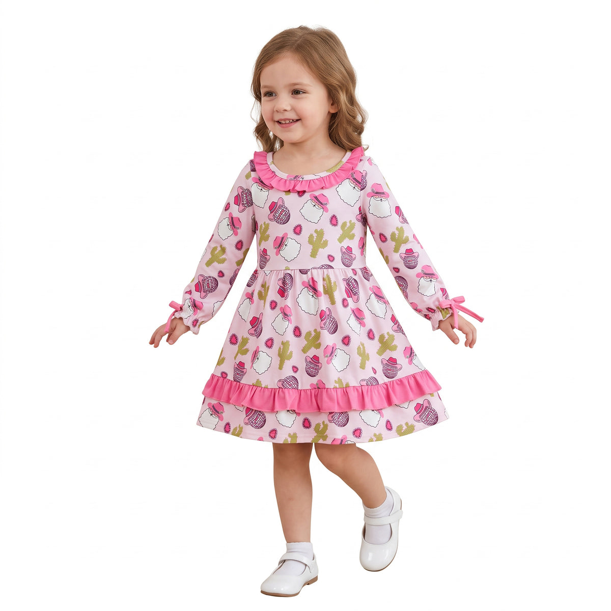GLD0753 Cowgirl Santa Cactus Girls Christmas Long Sleeve Knee Length Ruffle Dress