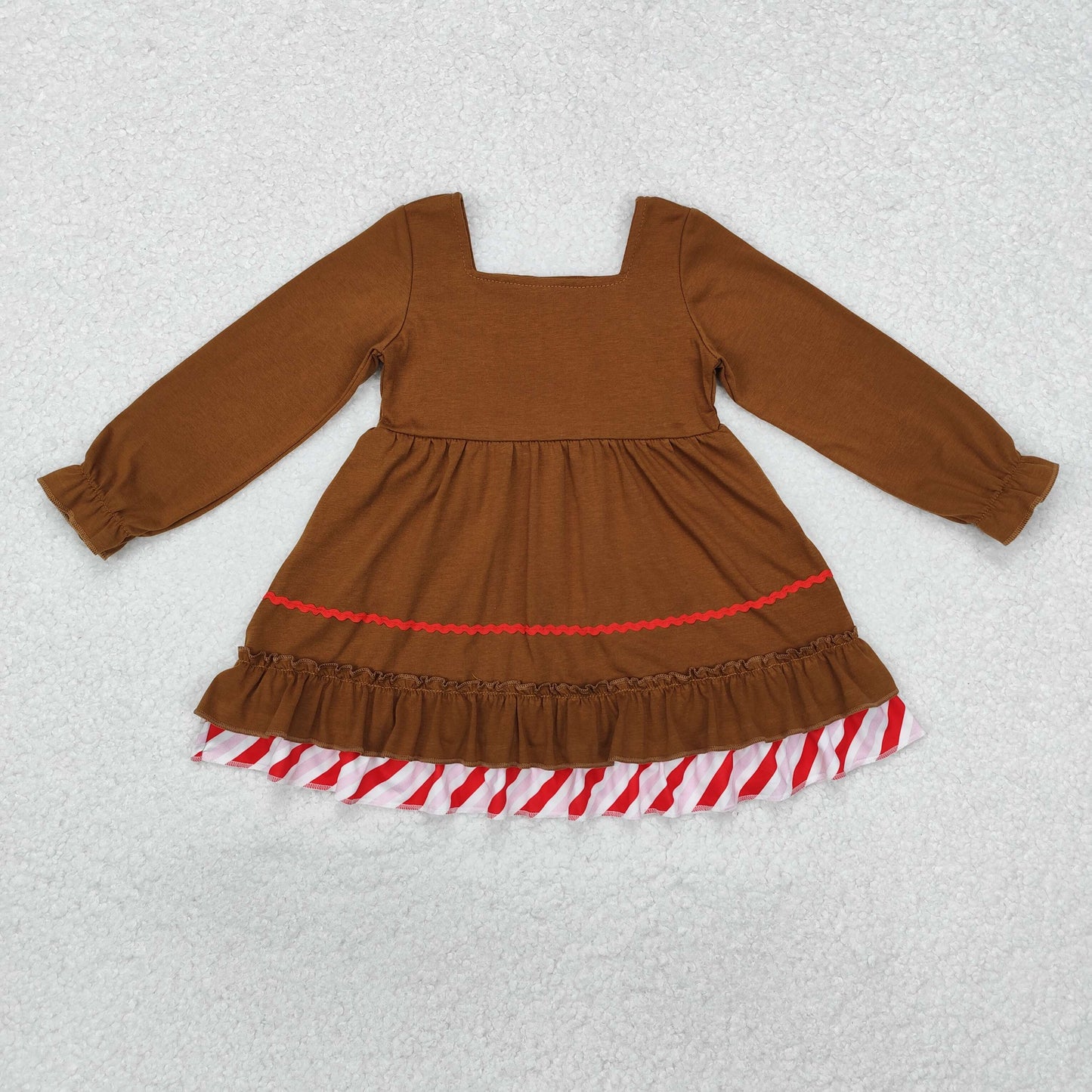 GLD0758 Gingerbread Design Brown Big Bow Girls Christmas Knee Length Ruffle Dress