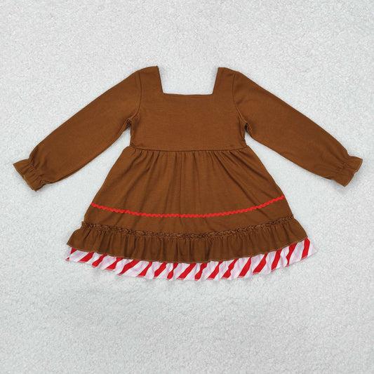 GLD0758 Gingerbread Design Brown Big Bow Girls Christmas Knee Length Ruffle Dress