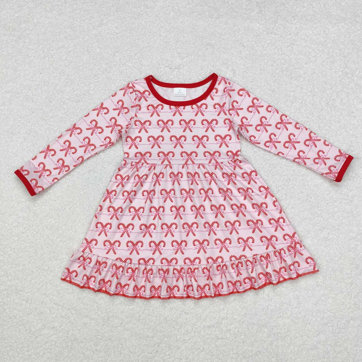 GLD0774 Candy Cane Bows Print Girls Christmas Knee Length Dress