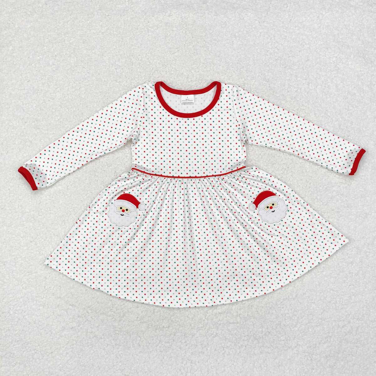 GLD0779 Santa Embroidery Dots Print Girls Christmas Knee Length Dress