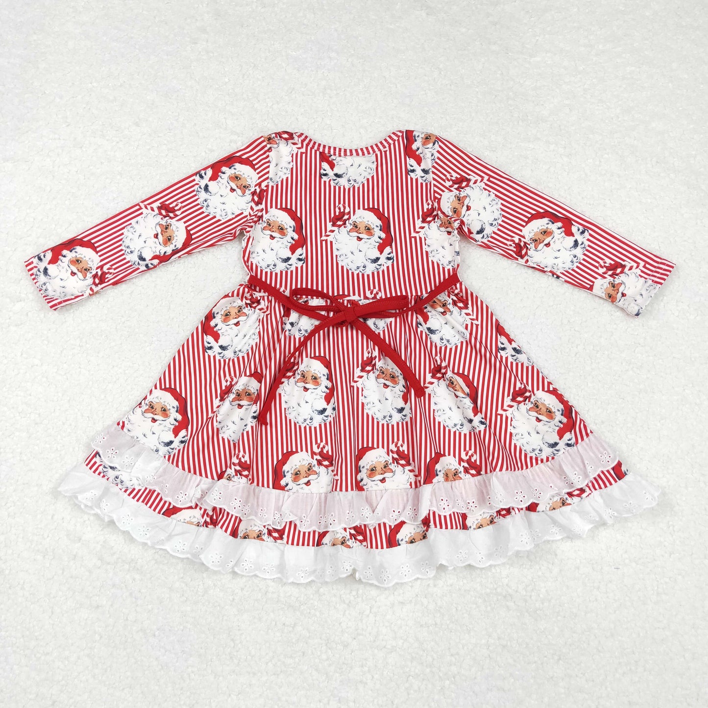 GLD0786 Santa Stripes Print Girls Christmas Knee Length Ruffle Dress