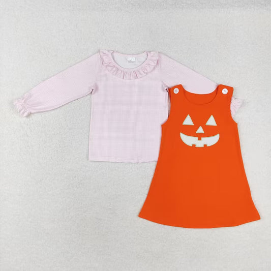 GLD0808 Checkered Pink Top Smiling Face Embroidery Orange Dress Girls Halloween Clothes Set