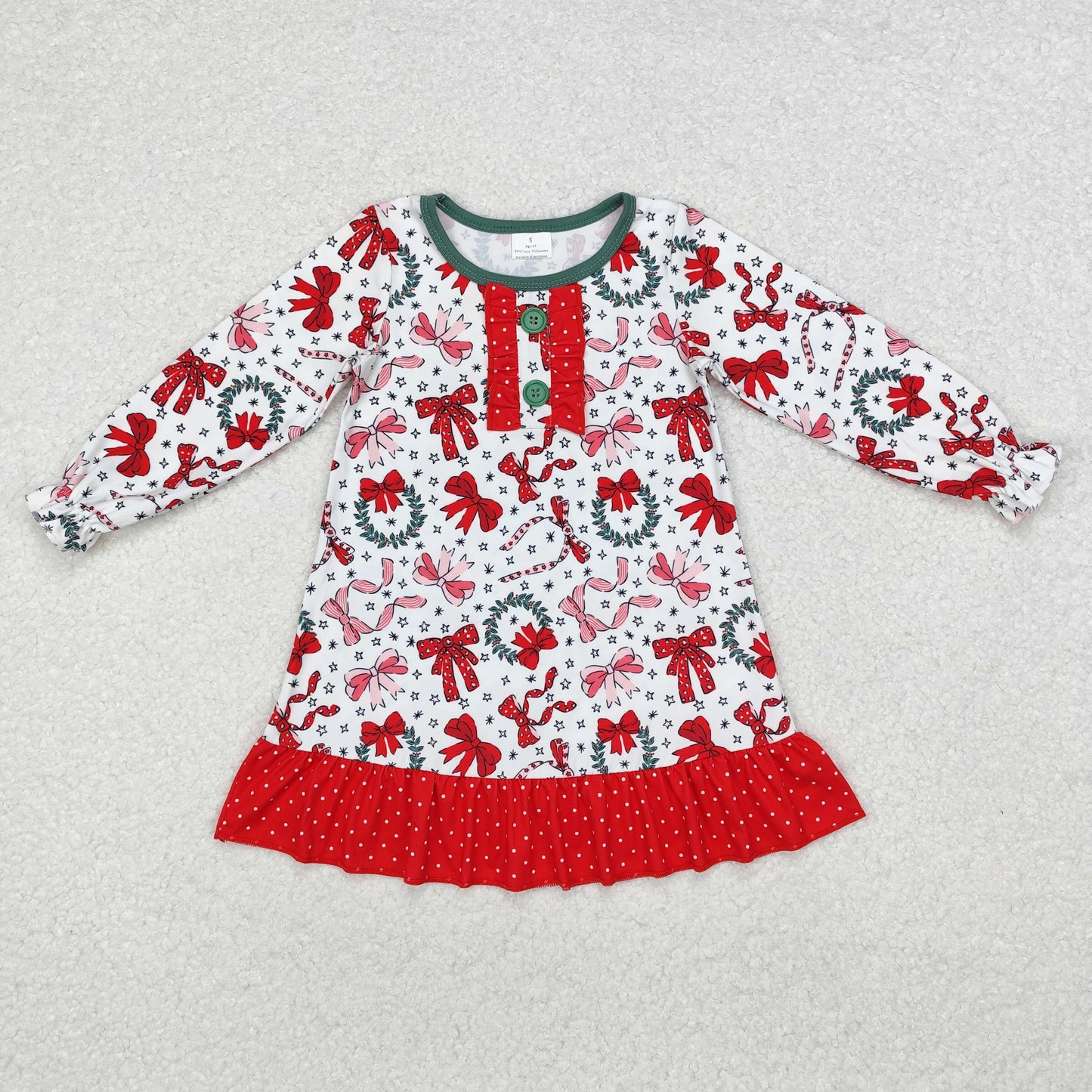 GLD0855 Red Bows Stars Print Girls Christmas Knee Length Dress