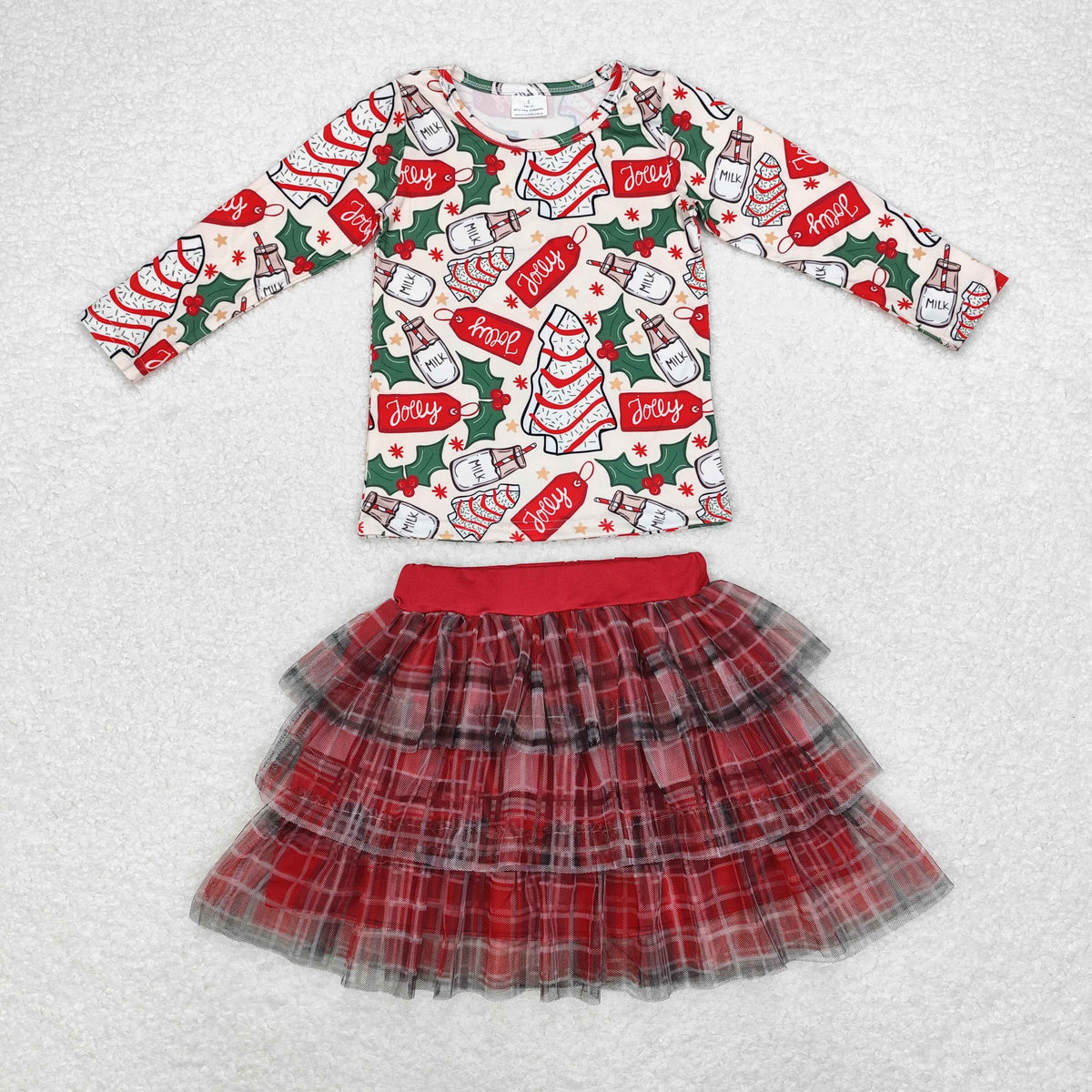 GLD0883 Debbie Cake Milk Holly Top Checkered Tulle Skirts Girls Christmas Clothes Set