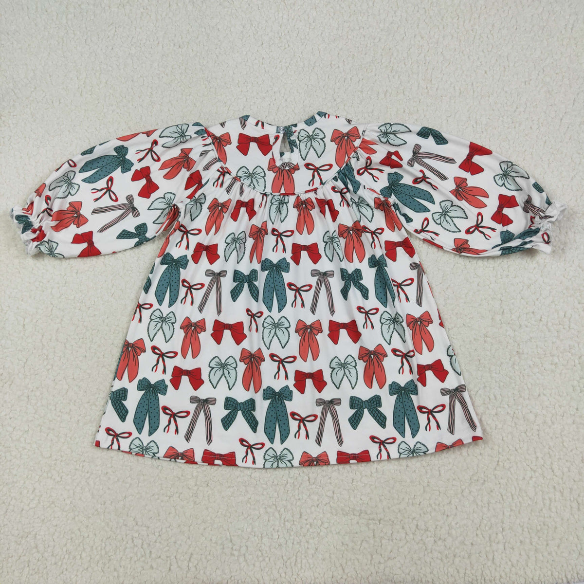 GLD1028 Red Green Bows Embroidery Girls Christmas Knee Length Smocked Dress