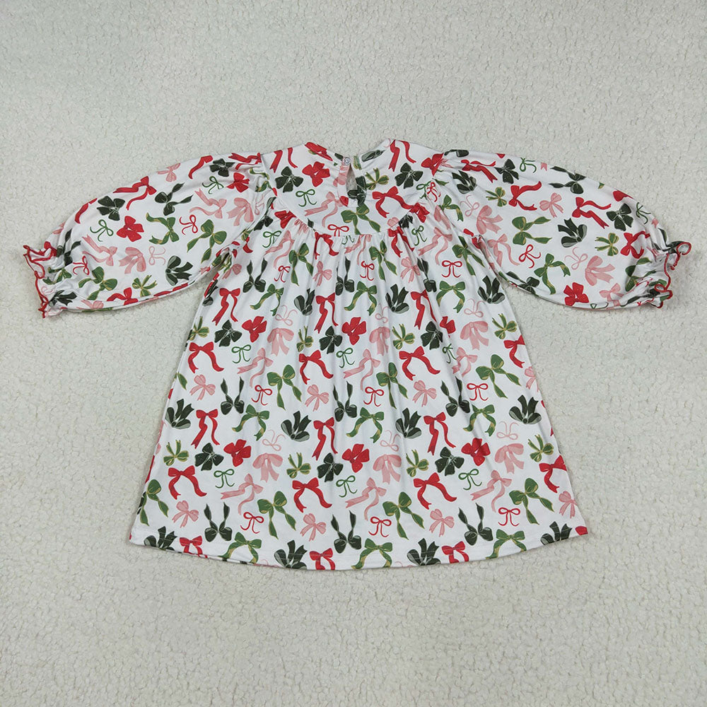 GLD1094 Merry Christmas Embroidery Red Green Bows Girls Christmas Knee Length Smocked Dress