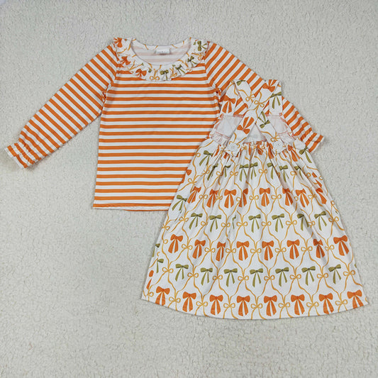 GLD1110 Stripe Top Strap Pockets Knee Length Dress Girls Fall 2 pcs Clothes Set