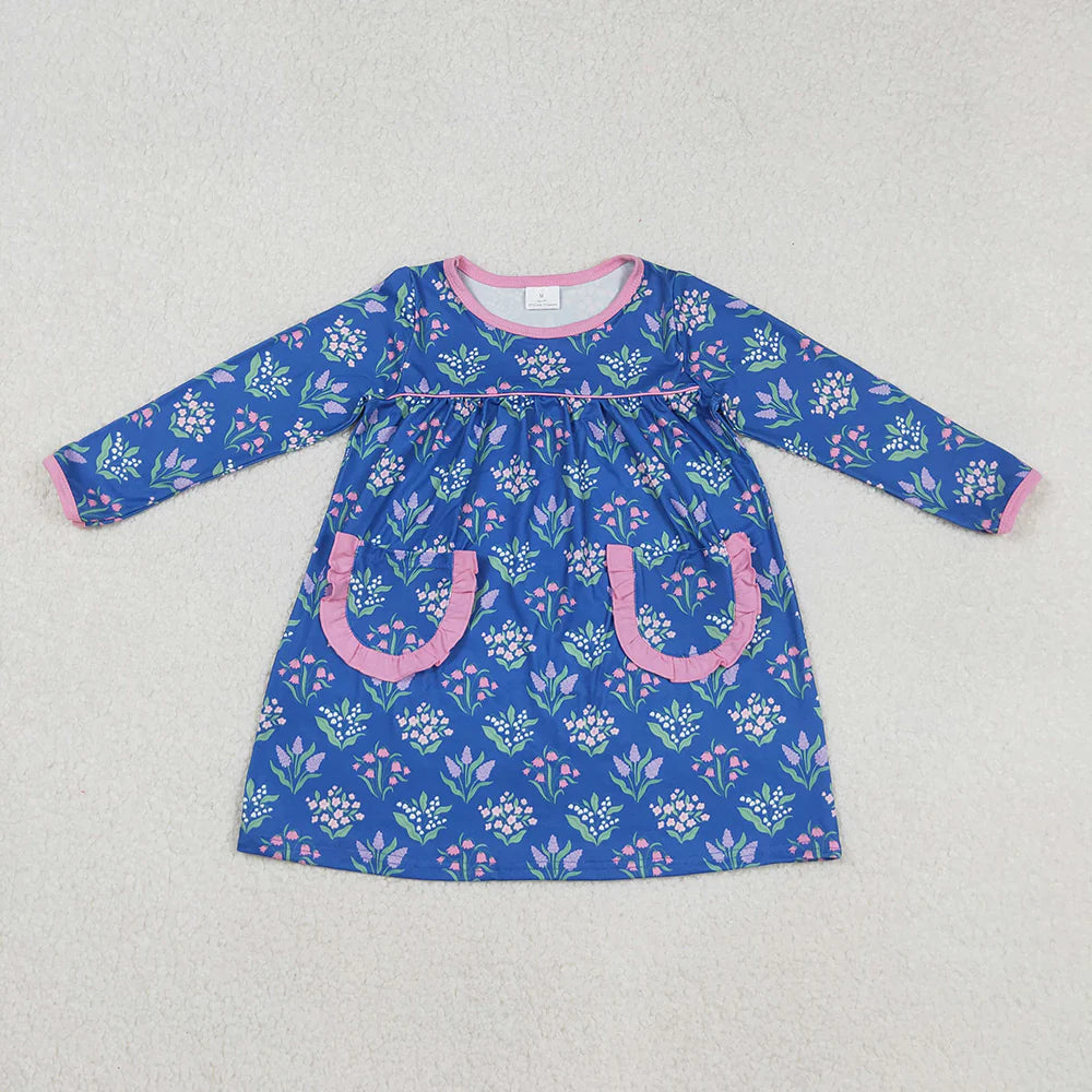 Baby Girls Blue Flowers Pockets Knee Length Dresses