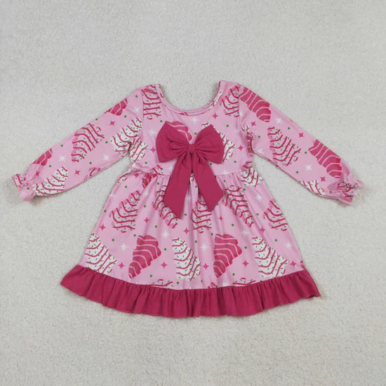 Sibling Baby Girls Christmas Cartoon Bow Long Sleeve Dress