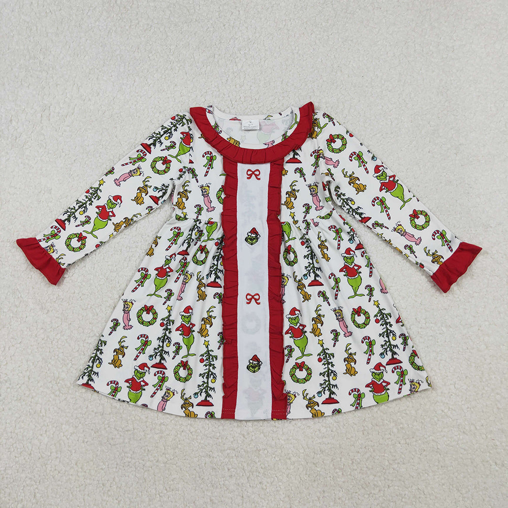 GLD1289 Green Frog Bows Embroidery Girls Christmas Knee Length Ruffle Dress