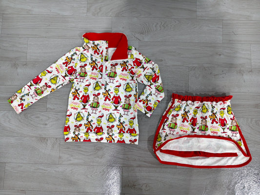 4.24 Girls Green Face Christmas Outfit - Half Zip Top & Skirt Set