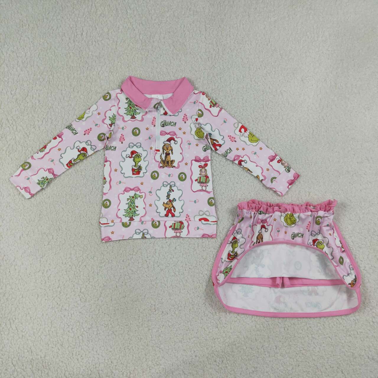GLD1609 Green Frog Friends Bows Pink Print Zipper Pullover Top Skort Girls Christmas Clothes Set