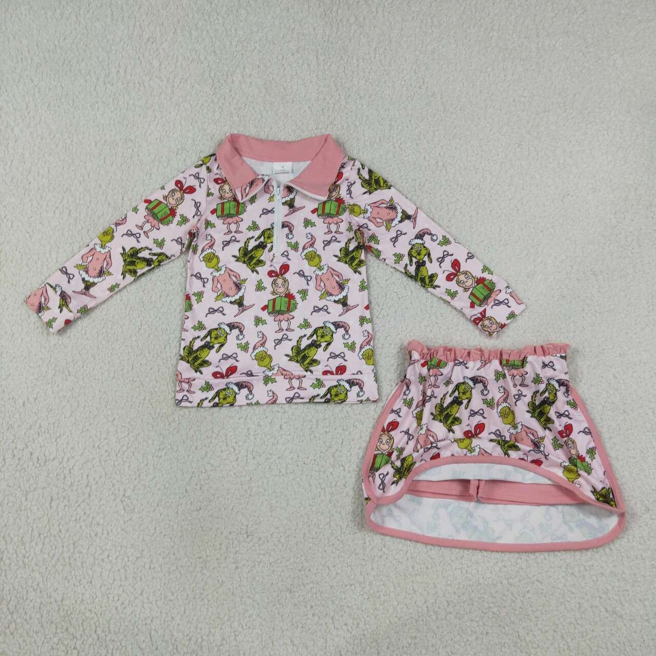 GLD1610 Green Frog Friends Holly Pink Print Zipper Pullover Top Skort Girls Christmas Clothes Set