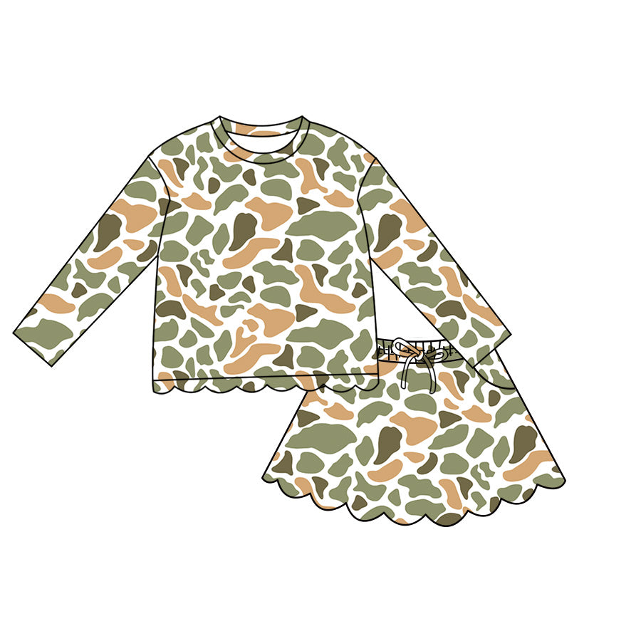 4.29 GLD1619 Orange Green Camo Long Sleeve Top Skirts Girls Scallop Outfits Preorder