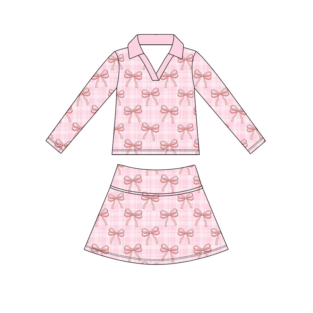 5.9 Preorder GLD1630 Pink Bows Plaid Long Sleeve Top Skirts Girls Yoga Clothes Set