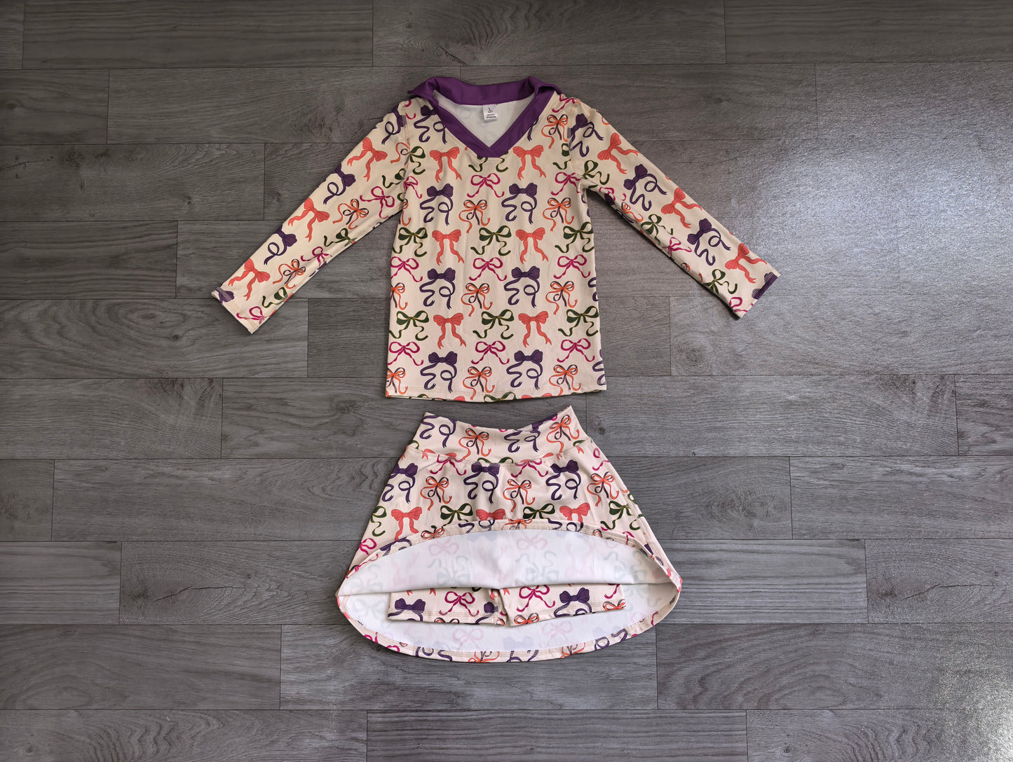 5.9 Preorder GLD1632 Colorful Bows Long Sleeve Top Skirts Girls Yoga Clothes Set