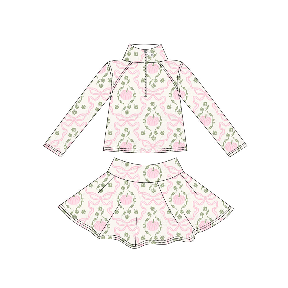 5.15 Preorder GLD1633 Pumpkin Bows Pink Zipper Top Skirts Girls Yoga Clothes Set