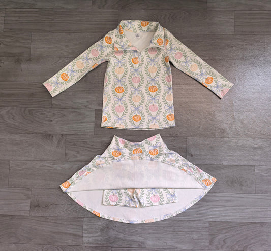 5.15 Preorder GLD1635 Pumpkin Bows Zipper Top Skirts Girls Yoga Clothes Set