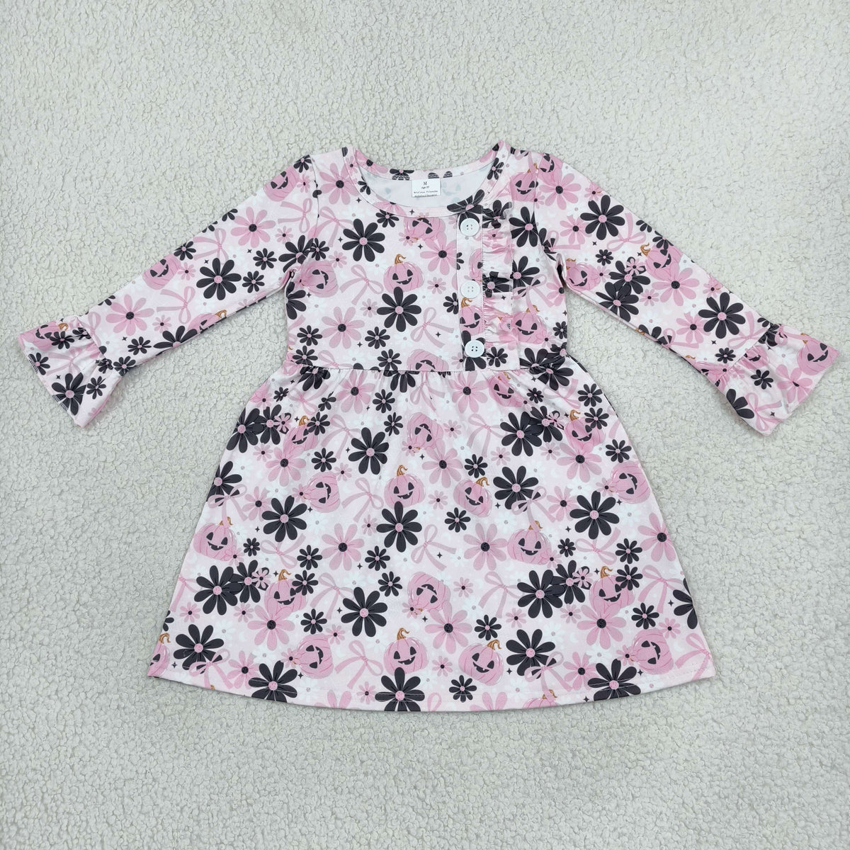 GLD1637 Pumpkin Smiling Flowers Bows Pink Print Baby Girls Halloween Knee Length Dress