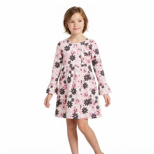 GLD1637 Pumpkin Smiling Flowers Bows Pink Print Baby Girls Halloween Knee Length Dress