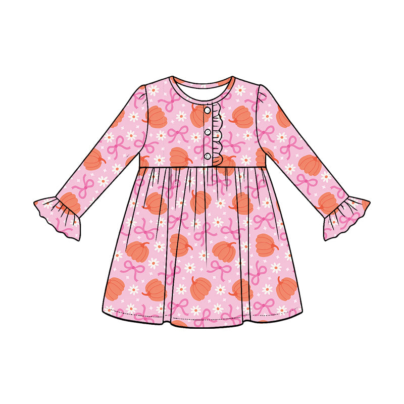 5.18 Preorder Baby Girls Pumpkin & Bow Print with Daisy Long Sleeve Dress
