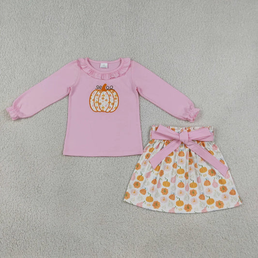 Sibling Baby Girls Embroidery Floral Pumpkin Pink Top Skirt Set +Dress