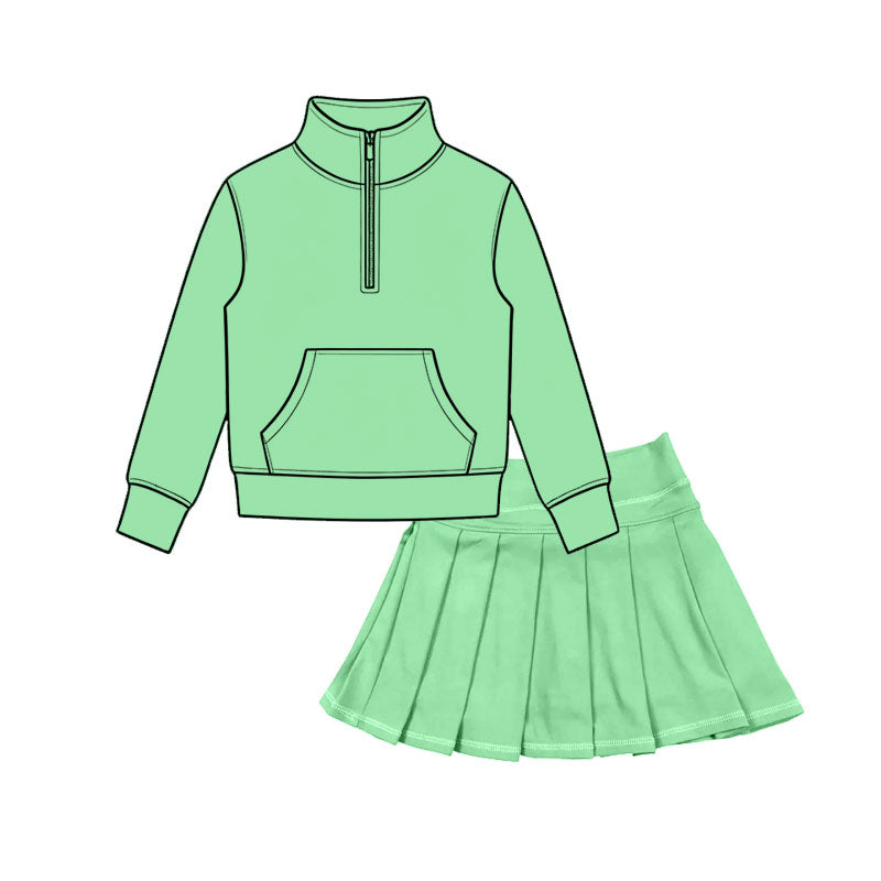 6.30 Preorder Girls Green Quarter Zip Pullover & Pleated Skort 2 Piece Active Outfit